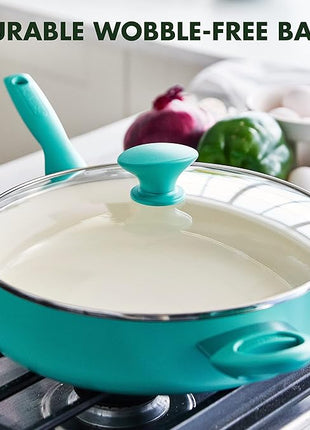 GreenPan Rio Healthy Ceramic Nonstick 5QT Saute Pan Jumbo Cooker with Helper Handle and Lid, PFAS-Free, Dishwasher Safe, Turquoise
