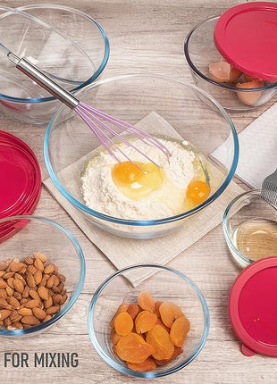 7 Stackable Space-Saving Nesting Glass Bowls with Pink Lids for Foodprep, Storage, Baking, Mixing & Cooking, Microwave Safe - Durable Inert Borosilicate Glass