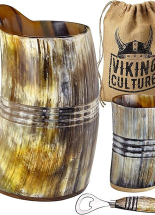 Viking Culture Ox Horn Mug, Shot Glass, and Bottle Opener (3 Pc. Set) Authentic 16-oz. Ale, Mead, and Beer Tankard | Vintage Stein with Handle | Custom Intricate Design - Natural Finish | The Ring