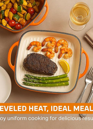 Bruntmor 11-Inch Enameled Cast Iron Cookware - 2-in-1 Square Cast Iron Casserole Dish with Lid and Dual Handles for Baking, Braising, and Roasting - Durable, Nonstick Skillet Dutch Oven, Pumpkin Spice