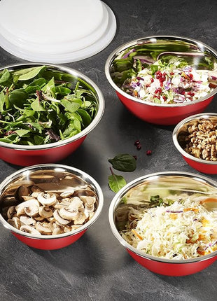 WHYSKO Stainless Steel Mixing Bowl Set, 10 Piece Stainless Steel Mixing Bowls with Lids Set for Food Prep Storage and Serving, Dishwasher Safe for Kitchen Baking Cooking, Red