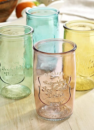 Glaver's Colored Glassware, Ice Cold Drinking Glasses Set of 4 – 18 Oz Vintage Glass Cups for Kitchen, Dining Table – Multi- Colors Glass Tumblers. Hand Wash.