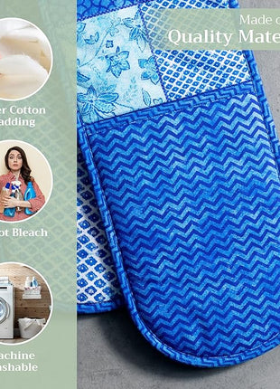 Maison d' Hermine Double Oven Mitts 100% Cotton 7"x35" Double Oven Mitt Heat Resistant BBQ Cooking Gloves with Loop, Baking, Grilling, Home, Kitchen, Handling Hot Pans Spring Summer (Indigo Love)
