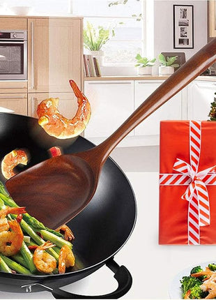 FJNATINH Wooden Wok Spatula Ladle Tool Set, 14-inch Long Handle Teak Wok Spatula