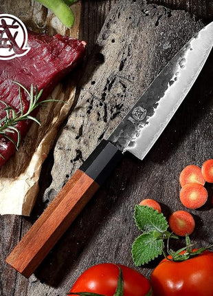 MITSUMOTO SAKARI Paring Chef Knife 5.5 inch - Hand Forged Japanese Fruit and Vegetable Knives, 3-Layer 9CR18MOV High Carbon Steel, Rosewood Handle & Sandalwood Box