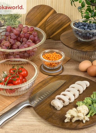 Stackable Space-Saving Set of 5 Nesting Glass Bowls with Acacia Lids for Foodprep, Storage, Mixing & Cooking - Microwave & Oven-ready BPA Free Durable Heat Resistant Inert Borosilicate Glass