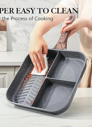 SENSARTE Nonstick Divided Grill Pan for Stove Tops, 3-Section Versatile Breakfast Grilling Pan, Durable Square Grill Skillet, Steak Griddle Pan, PFOA, PFOS, APEO Free, Induction Compatible, 9.5 Inch