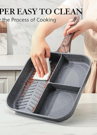 Sensarte Nonstick 11-Inch Square Grill Pan, 3-Section Versatile Breakfast Skillet, Die-cast Aluminum, PFOA, PFOS, APEO Free, Induction, Gas, Electric, Glass, Ceramic