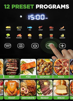 Nutrichef Electric Air Fryer Tenderizer 6.3 Quart | 12-1 Preset Cooking Functions | Includes Tenderizing Function | Digital Display | Transparent Window For Best Cooking Results | Black