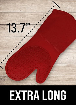 BPA-Free Silicone Oven Mitts Ultra Heat Resistant up to 500°F - Oven Mitts with Thick Cotton Liner - Long Slip Resistant Pot Holders, Flexible Oven Gloves - Empire Red 13.7