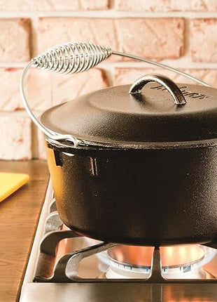 Lodge 5 Quart Pre-Seasoned Cast Iron Dutch Oven with Lid - Wire Bail Handle for Easy Transfer from Cooking Surface to Table - Use in the Oven, on the Stove, on the Grill or over the Campfire - Black