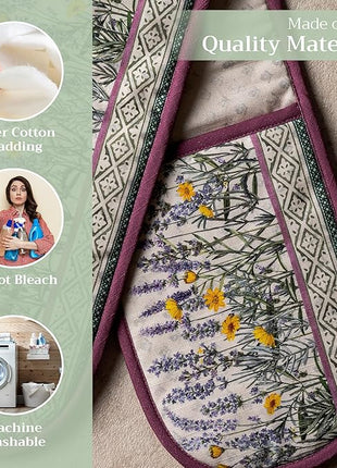 Maison d' Hermine Double Oven Mitts 100% Cotton 7"x35" Double Oven Mitt Heat Resistant BBQ Cooking Gloves with Loop, Baking, Grilling, Home, Kitchen, Handling Hot Pans Spring Summer (Fanny Lavender)