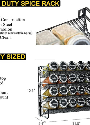 SpaceAid Spice Rack Organizer with 24 Spice Jars, 386 Spice Labels, Chalk Marker and Funnel Set for Cabinet, Countertop, Pantry, Cupboard or Door & Wall Mount -24 Jars, 11.8" W × 10.8" H, Black