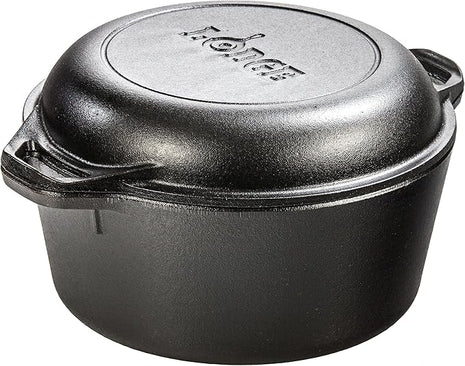 Lodge 5 Quart Cast Iron Double Dutch Oven – Pre-Seasoned – Lid Converts to 10.25" Skillet – PFAS-Free – Made in USA – Dual Handles – Oven, Grill, Campfire & Stovetop Safe – Durable & Non-Toxic