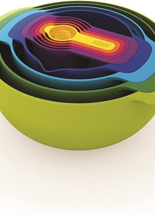 Joseph Joseph Nest 9 Plus, 9 Piece Compact Food Preparation Set with Mixing Bowls, Measuring cups, Sieve and Colander, MultiColor