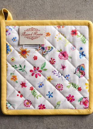 Maison d' Hermine Pot Holders Set 100% Cotton Heat Resistant Potholders 8" x 8" Hot Pads with Loop BBQ, Cooking, Grilling, Kitchen, Handling Hot Pans Spring/Summer (Pack of 2, Happy Florals - Sweety)