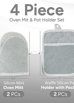 Casa Platino Heat Resistant Oven Mitts & Potholders, 4-Piece – Oven Mitts and Pot Holders Sets for Baking, Grilling & Microwave – Withstands Heat Up to 500°F, Non-Slip, Machine Washable – Grey