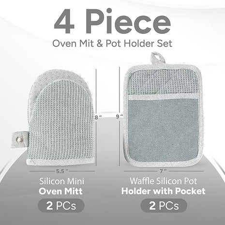 Casa Platino Heat Resistant Oven Mitts & Potholders, 4-Piece – Oven Mitts and Pot Holders Sets for Baking, Grilling & Microwave – Withstands Heat Up to 500°F, Non-Slip, Machine Washable – Grey