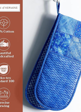 Maison d' Hermine Double Oven Mitts 100% Cotton 7"x35" Double Oven Mitt Heat Resistant BBQ Cooking Gloves with Loop, Baking, Grilling, Home, Kitchen, Handling Hot Pans Spring Summer (Indigo Love)