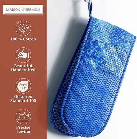 Maison d' Hermine Double Oven Mitts 100% Cotton 7"x35" Double Oven Mitt Heat Resistant BBQ Cooking Gloves with Loop, Baking, Grilling, Home, Kitchen, Handling Hot Pans Spring Summer (Indigo Love)