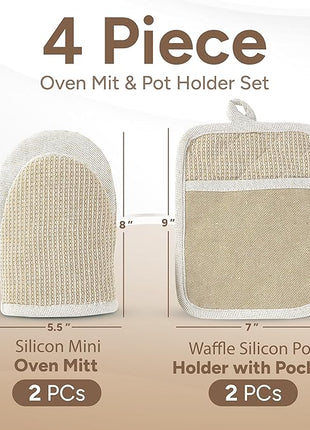 Casa Platino Mini Oven Mitts & Silicone Pot Holders, 4-Piece – Heat Resistant Gloves for Cooking & BBQ, Hot Pads for Kitchen – Withstands Up to 500°F, Non-Slip & Machine Washable – Beige