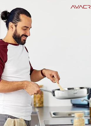 AVACRAFT 18/10 10 Inch Stainless Steel Frying Pan with Lid, Side Spouts, Induction, Versatile Stainless Steel Skillet