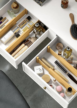 BAMEOS 4 PCS Bamboo Drawer Divider Adjustable Drawer Dividers Kitchen Drawer Organization Utensil Organizers for Kitchen Dresser Bathroom Bedroom and Office