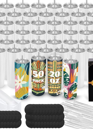 Joyclub 50 Pack Sublimation Tumblers Blank 20 oz Straight Skinny bulk for Heat transfer, Double Wall Insulated Tumbler with Lids, Straw, Rubber Bottoms, Individually Gift Boxed and Shrink Wrap Films