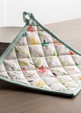 Maison d' Hermine Pot Holders Set 100% Cotton Heat Resistant Potholders 8" x 8" Hot Pads with Loop BBQ, Cooking, Baking, Grilling, Kitchen, Handling Hot Pans Spring/Summer (Pack of 2, Colmar)