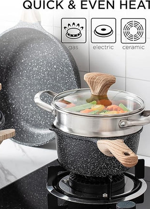 Country Kitchen Non-Stick Cast Aluminum Cookware Set - Durable Kitchen Cookware for Everyday Cooking, Grey, 11 Pc.