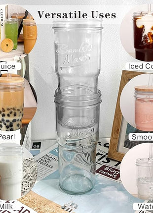 ANOTION Glass Cups with Lids and Straws 2 Packs, 24oz Travel Coffee Mug Wide Mouth Bamboo Mason Jar Iced Coffee Cup Smoothie Cup Glass Tumbler Tea Cup Clear Cute Water Cups Drinking Jars Glasses