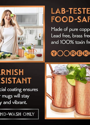 Gift Set Moscow Mule Mugs Set Of 4 16 oz Solid Cooper, 100% Pure Copper Cups Cylindrical Shape HANDCRAFTED, BONUS 4 Straws, 4 Wood Coasters, Stirring Spoon, And Shot Glass (Square)