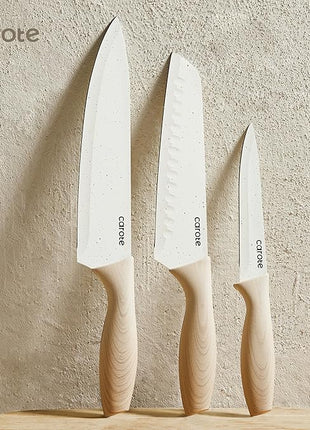 CAROTE 12PCS Knife set with Blade Guards,Granite Nonstick Ceramic Coating,Stainless Steel blade, Wood Grain Handle, Essential knife set,White