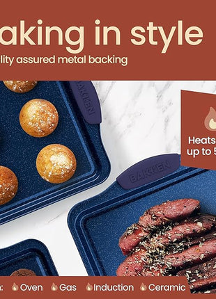 BAKKEN Kitchen Baking Pan Set - Nonstick Coating, Carbon Steel Bakeware Sets with Blue Silicone Handles, Baking Kitchen Essentials, PFOA, PFOS, PTFE Free, Oven Safe Tray (Up To 450° F), Set of 3