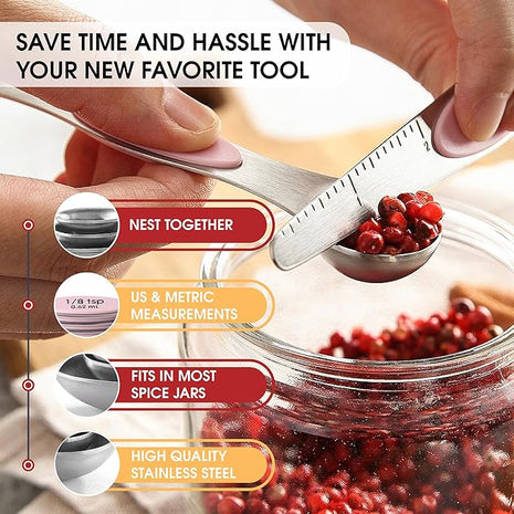 Spring Chef Stainless Steel Magnetic Measuring Spoons Set of 8 with Leveler, Dual Sided Teaspoon & Tablespoon Measuring Spoons with Strong Magnets, Kitchen Gadgets for Baking & Cooking - Pink Lemonade