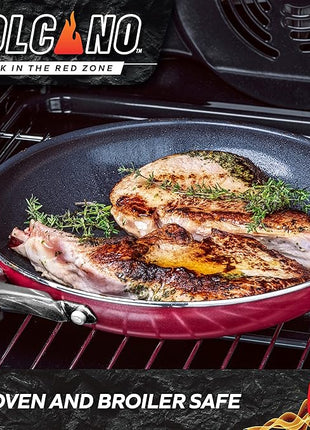 Textured Ceramic Nonstick, 11" Flat Bottom Wok Stir-Fry Pan with Lid for High Heat Cooking, Oven & Broiler Safe to 600 Degrees, Dishwasher Safe, PFAS PFOA & PTFE Free, Red
