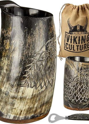 Viking Horn Mug Gift Set Christmas Gifts for Men – 16oz Beer Tankard, Shot Glass, Bottle Opener – Medieval Drinking Horn Stocking Stuffer for Dad Husband – Unique Holiday Birthday Present