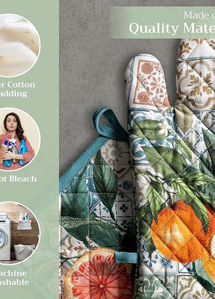 Maison d' Hermine 100% Cotton Oven Mitt & Pot Holder Set (7.5"x13" & 8"x8") Heat Resistant BBQ Cooking Gloves with Loop, Baking, Grilling, Kitchen, Handling Hot Pans Spring/Summer (Agrume)