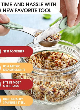 Spring Chef Stainless Steel Magnetic Measuring Spoons Set of 8 with Leveler, Dual Sided Teaspoon & Tablespoon Set, Nesting Metal Kitchen Gadgets for Baking & Cooking, Fits in Spice Jars - Pistachio