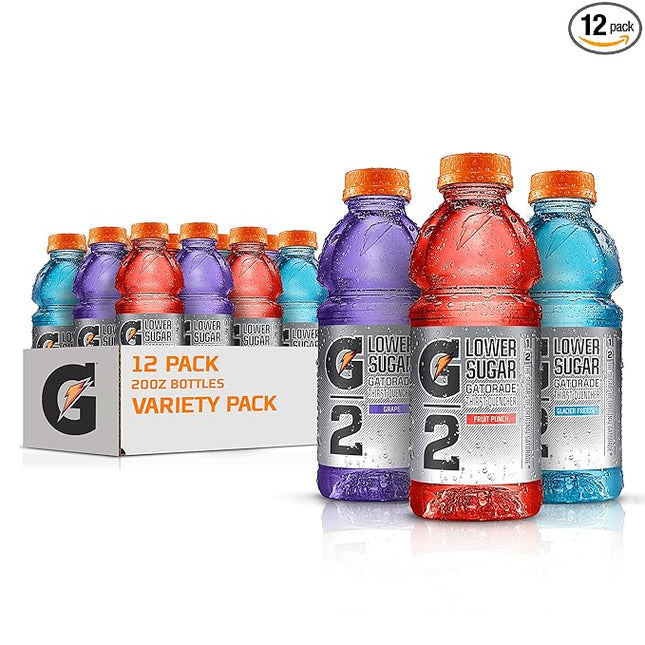 Gatorade G2 Thirst Quencher Sports Drink, Variety Pack, 20oz Bottles, 12 Pack, Electrolytes for Rehydration