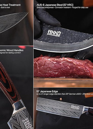 Jikko New Reinforced Carbon Steel Japanese Kitchen Knife Set – DiamondRazor Series – Ultra Sharp Japanese Knife Set & Chef Knife Set with Mahogany Wood Handles – Professional Chef's Knives