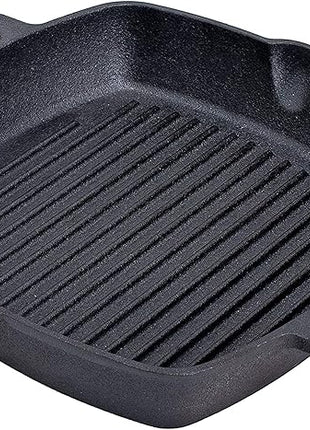 Bruntmor 10 Inch Square Cast Iron Grill Pan Steak Pan Pre Seasoned Grill Pan with Easy Grease Drain Spout, with Large Loop Handles for Grilling Bacon, Steak, and Meats