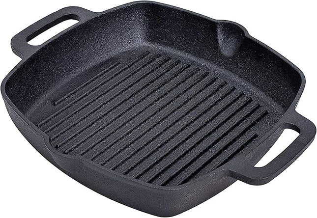 Bruntmor 10 Inch Square Cast Iron Grill Pan Steak Pan Pre Seasoned Grill Pan with Easy Grease Drain Spout, with Large Loop Handles for Grilling Bacon, Steak, and Meats