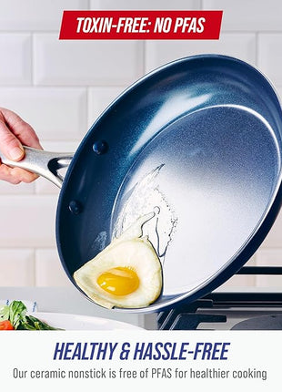 Blue Diamond 12" Nonstick Frying Pan with Lid, Diamond Infused PFAS & PTFE-Free Ceramic Skillet, Dishwasher & Oven Safe, Stay Cool Handle, Durable Non Toxic Metal Utensil Safe, Glass Lid, Blue