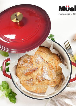 Mueller 6qt Enameled Cast Iron Dutch Oven, Heavy-Duty Casserole and Braiser Pan with Lid and Knob, Oven-Safe up to 500° F & Across All Cooktops, Red