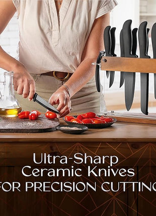 Vos Ceramic Knife Set With Block - 13-Piece Ceramic Knives Set For Kitchen, Includes Chef, Santoku, Bread Knives, Steak Knives, Peeler & Elegant Wooden Block - Ultra-Sharp, Dishwasher safe,Lightweight