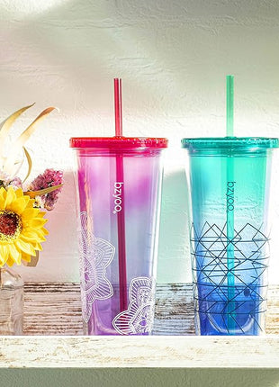 bzyoo SIP 24oz (710ml) Double Wall Plastic Tumbler with Lid and Straw Cold Drink Travel Mug Party Reusable Cup For Office Outdoor Dining Gift For Him & Her (Blue & Green)