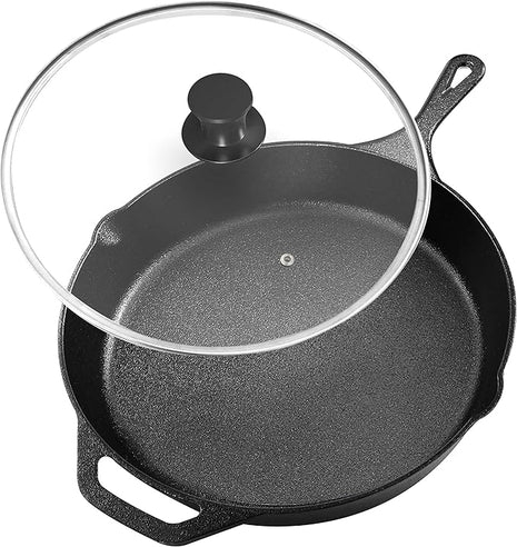 Utopia Kitchen Saute Fry Pan Pre-Seasoned Cast Iron Skillet With Lid, Frying Pan, Cast Iron Pan, Safe Grill Cookware for Indoor & Outdoor Use (1, Black, 10 Inch)