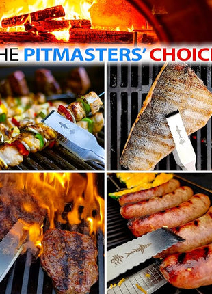 Shark BBQ Grill Tongs for Steaks - 2-Pack Gift Set - 17" & 13" Professional Kitchen and Outdoor Grilling Utensil Set (Red)