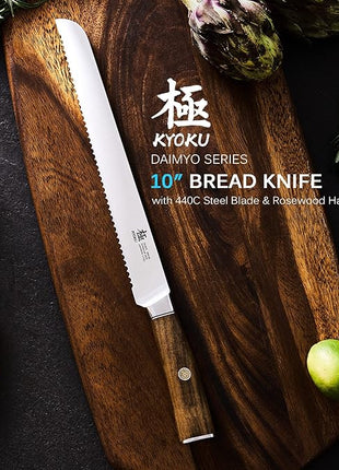 KYOKU 10 Inch Bread Knife - Daimyo Series - Serrated Knife with Ergonomic Rosewood Handle, and Mosaic Pin - Japanese 440C Stainless Steel Bread Cutter with Sheath and Case